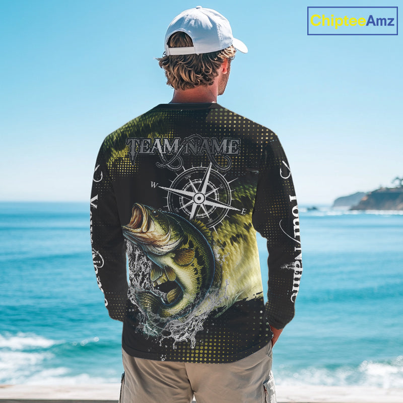 Personalized Black and Green Bass fishing scales compass Performance long sleeve Fishing Team Shirts NQS11725