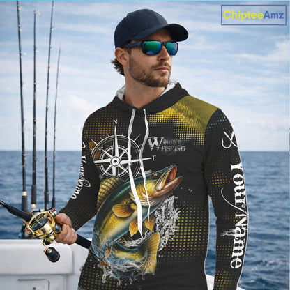 Custom Black and Yellow Walleye fishing scales compass Performance long sleeve Fishing Team Shirts NQS11726