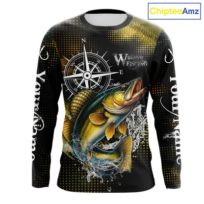 Custom Black and Yellow Walleye fishing scales compass Performance long sleeve Fishing Team Shirts NQS11726
