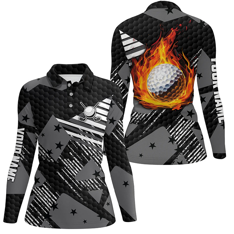 Black and white Pattern flame golf ball Women Polo Shirt Custom Golf Shirts For Ladies, Golfing Gifts NQS7443