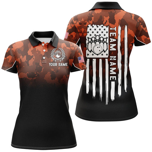 Womens bowling Polo, Quarter zip shirt Custom Orange camo American flag patriotic bowling team jerseys NQS8209