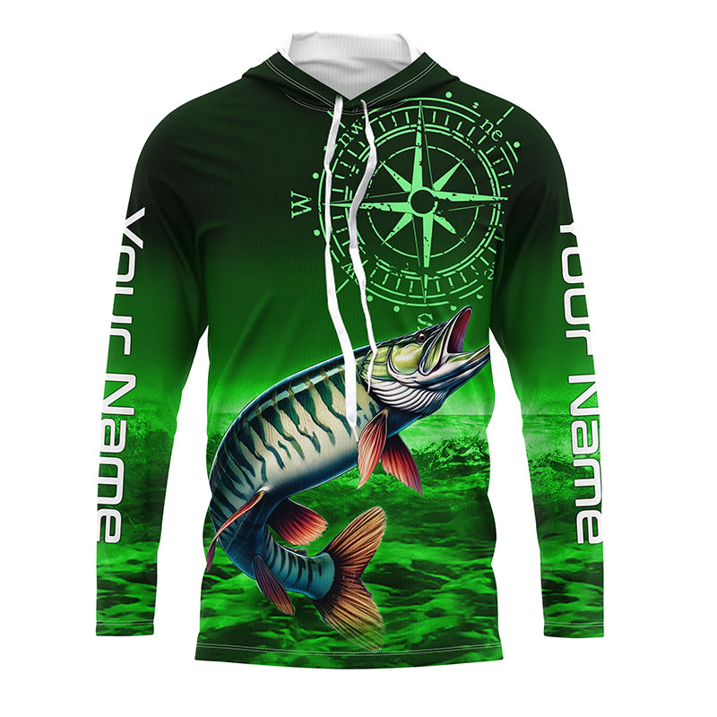 Personalized Musky Green Long Sleeve Performance Fishing Shirts, Muskie compass tournament Shirts NQS6333