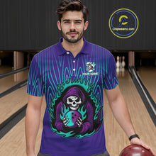 Load image into Gallery viewer, Custom Purple and Blue Flame Skull Reaper Bowling Shirts For Men, Personalized Bowling outfits men NQS11030