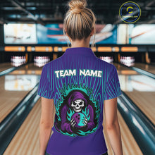Load image into Gallery viewer, Custom Purple and Blue Flame Skull Reaper Bowling Shirts For Women, Personalized Team Bowling outfits NQS11030