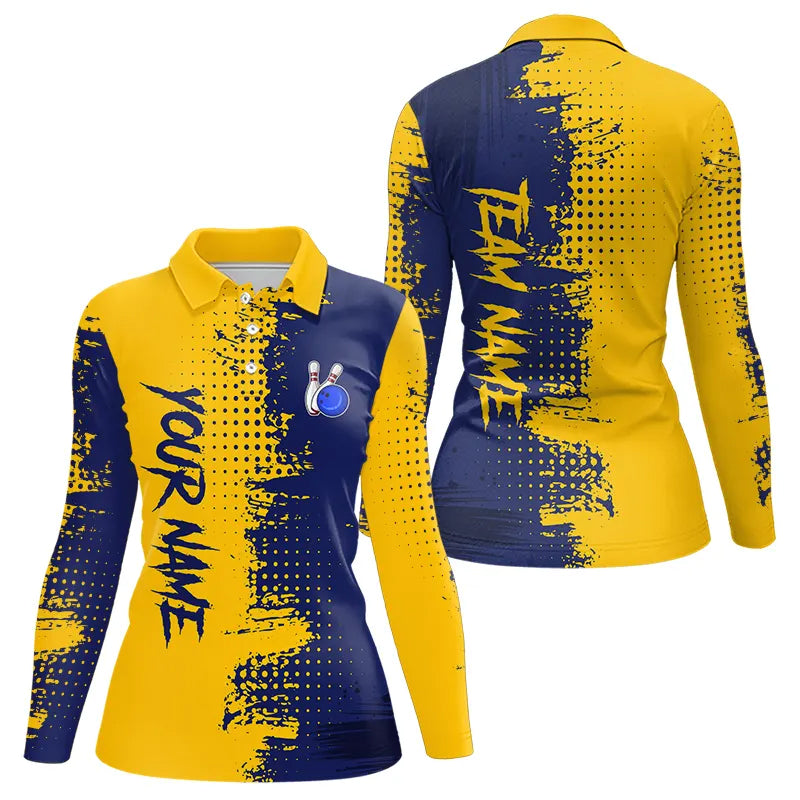 Blue and Yellow Bowling Polo, Quarter Zip shirts for Women Custom Bowling Team Jerseys NQS9354