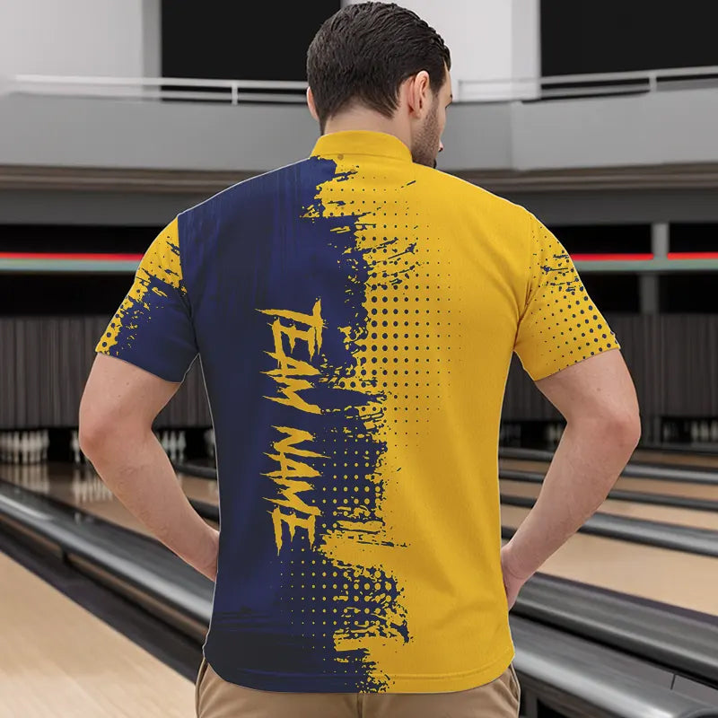 Blue and Yellow Bowling Polo, Quarter Zip shirts for Men Custom Bowling Team Jerseys NQS9354