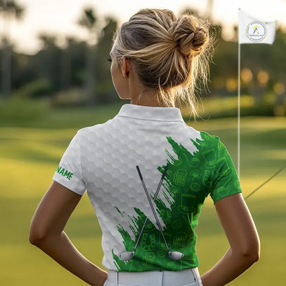Green and White St Patrick's day pattern custom Womens golf polo shirts, team golf attire for ladies NQS11422