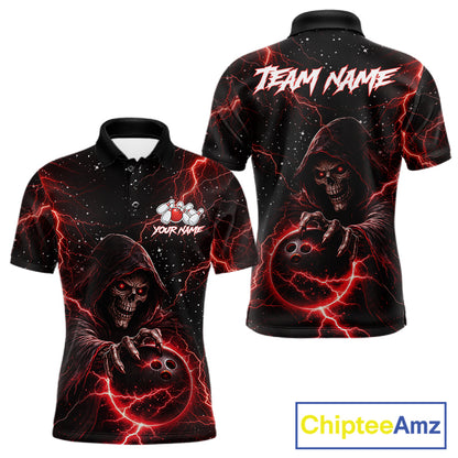 Custom Black And Red Lightning Thunder Skull Reaper Bowling Shirts For Men, Bowling Team Jerseys NQS11623