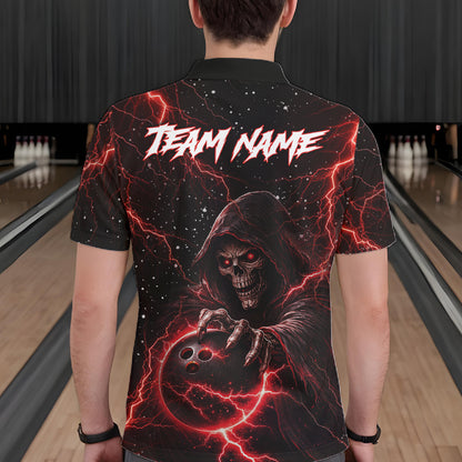 Custom Black And Red Lightning Thunder Skull Reaper Bowling Shirts For Men, Bowling Team Jerseys NQS11623
