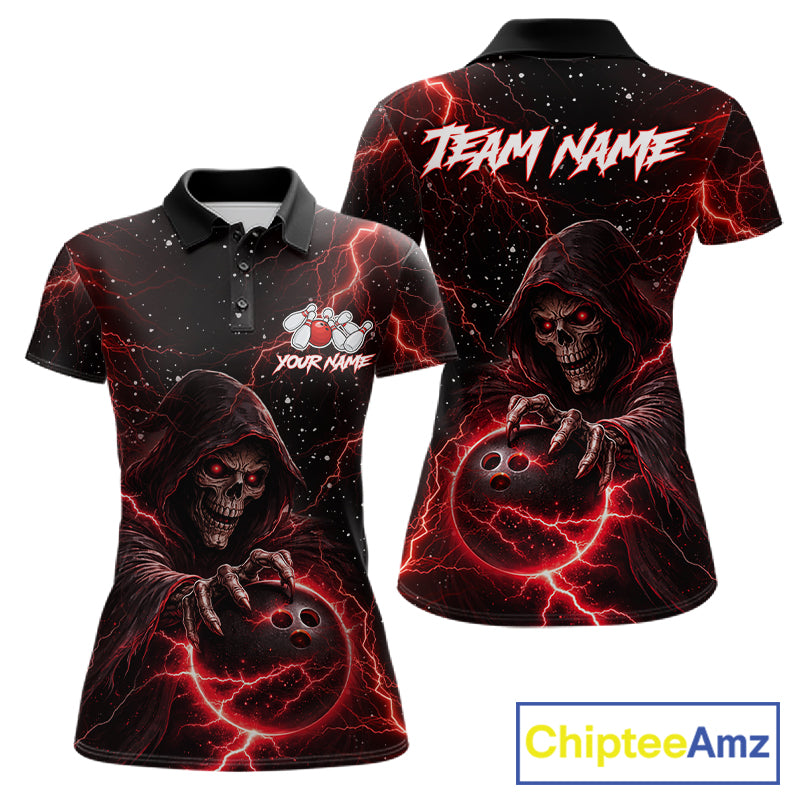 Custom Black And Red Lightning Thunder Skull Reaper Bowling Shirts For Women, Bowling Team Jerseys NQS11623