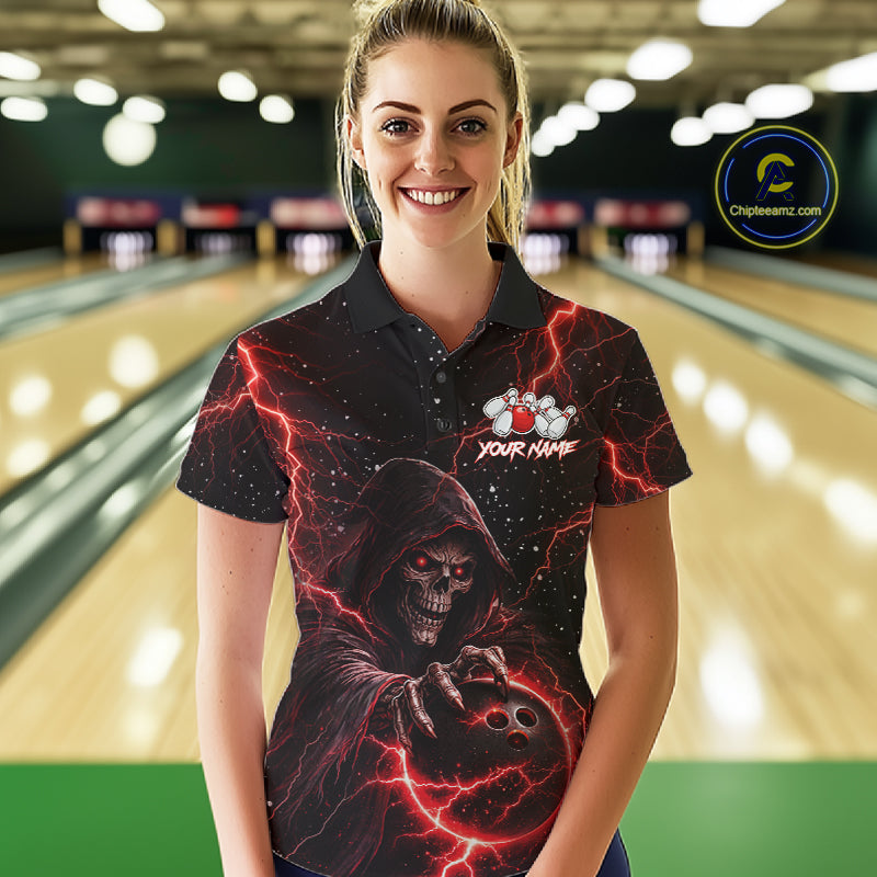 Custom Black And Red Lightning Thunder Skull Reaper Bowling Shirts For Women, Bowling Team Jerseys NQS11623