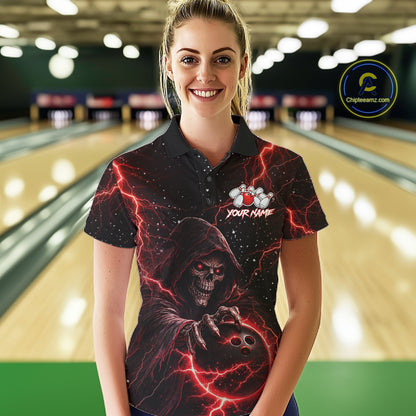 Custom Black And Red Lightning Thunder Skull Reaper Bowling Shirts For Women, Bowling Team Jerseys NQS11623