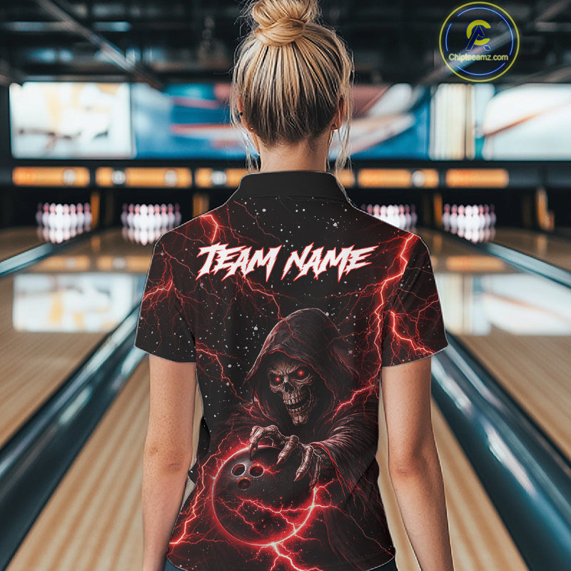 Custom Black And Red Lightning Thunder Skull Reaper Bowling Shirts For Women, Bowling Team Jerseys NQS11623