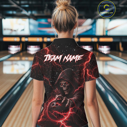 Custom Black And Red Lightning Thunder Skull Reaper Bowling Shirts For Women, Bowling Team Jerseys NQS11623