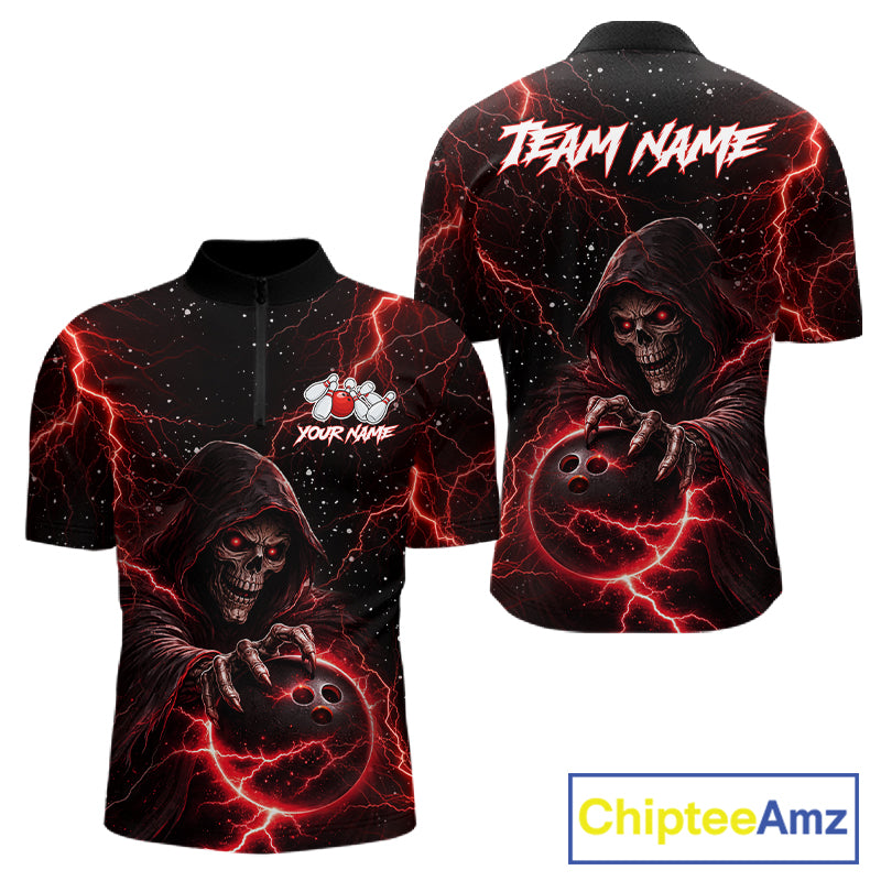 Custom Black And Red Lightning Thunder Skull Reaper Bowling Shirts For Men, Bowling Team Jerseys NQS11623