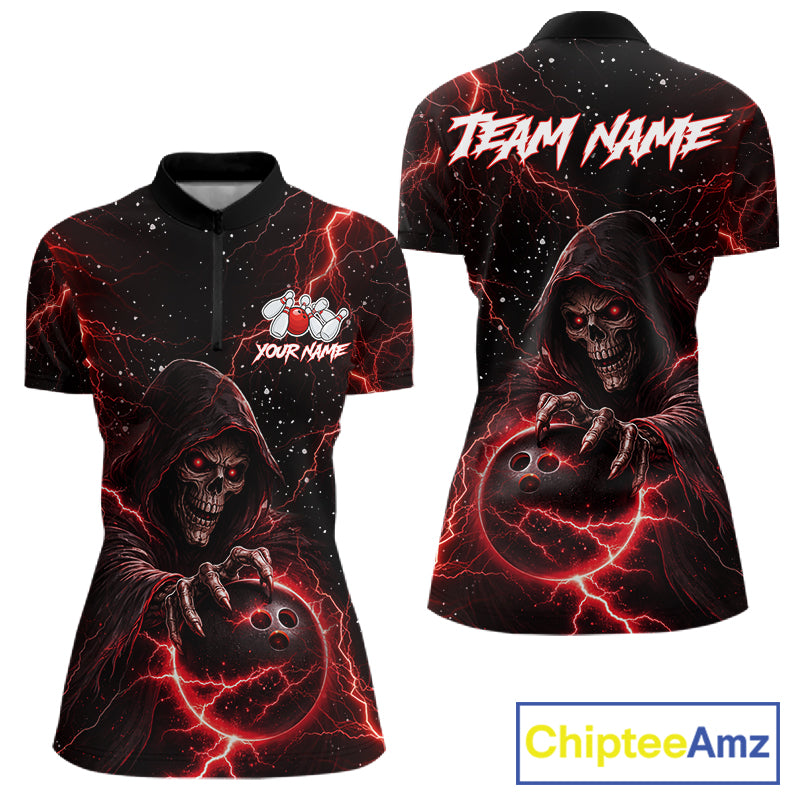 Custom Black And Red Lightning Thunder Skull Reaper Bowling Shirts For Women, Bowling Team Jerseys NQS11623