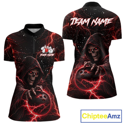 Custom Black And Red Lightning Thunder Skull Reaper Bowling Shirts For Women, Bowling Team Jerseys NQS11623