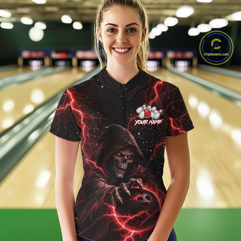 Custom Black And Red Lightning Thunder Skull Reaper Bowling Shirts For Women, Bowling Team Jerseys NQS11623