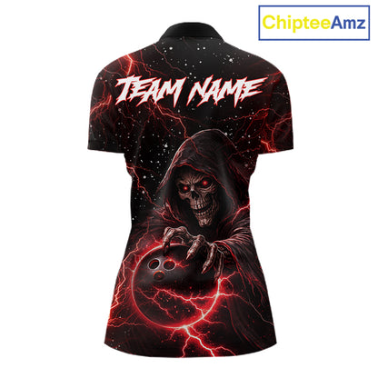 Custom Black And Red Lightning Thunder Skull Reaper Bowling Shirts For Women, Bowling Team Jerseys NQS11623
