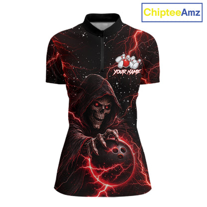 Custom Black And Red Lightning Thunder Skull Reaper Bowling Shirts For Women, Bowling Team Jerseys NQS11623