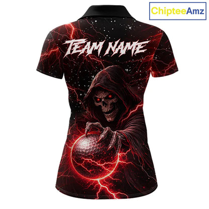 Custom Black And Red Lightning Thunder Skull Reaper Womens Golf Polo Shirt, ladies golf apparel NQS11624