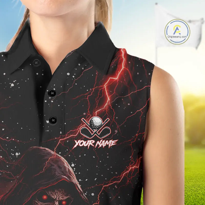 Custom Black And Red Lightning Thunder Skull Reaper Womens Sleeveless Golf Shirt, ladies golf apparel NQS11624