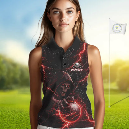 Custom Black And Red Lightning Thunder Skull Reaper Womens Sleeveless Golf Shirt, ladies golf apparel NQS11624