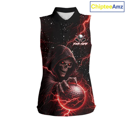 Custom Black And Red Lightning Thunder Skull Reaper Womens Sleeveless Golf Shirt, ladies golf apparel NQS11624
