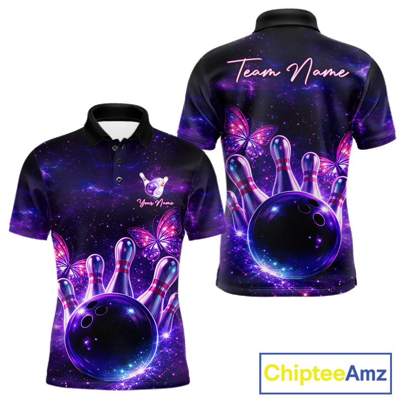 Custom Purple Galaxy Butterfly Bowling Shirts For Men, Bowling Team Shirt With Butterflies NQS11627