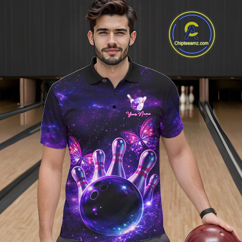 Custom Purple Galaxy Butterfly Bowling Shirts For Men, Bowling Team Shirt With Butterflies NQS11627