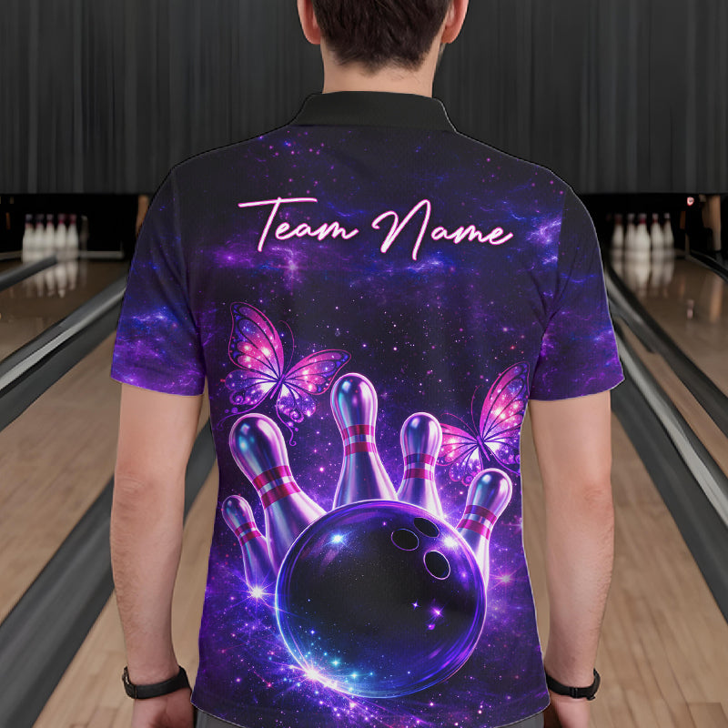 Custom Purple Galaxy Butterfly Bowling Shirts For Men, Bowling Team Shirt With Butterflies NQS11627