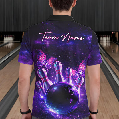 Custom Purple Galaxy Butterfly Bowling Shirts For Men, Bowling Team Shirt With Butterflies NQS11627