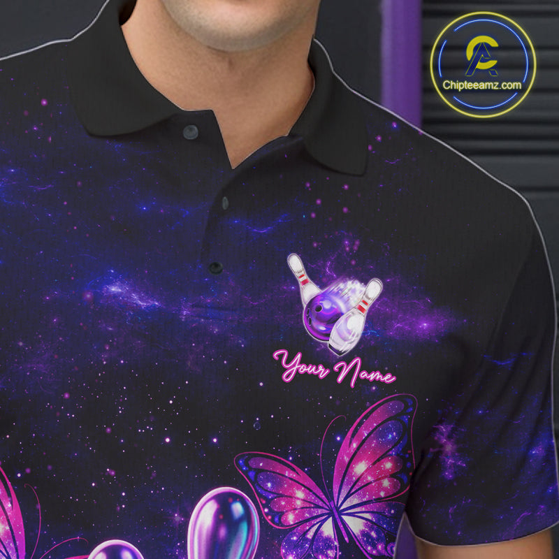 Custom Purple Galaxy Butterfly Bowling Shirts For Men, Bowling Team Shirt With Butterflies NQS11627