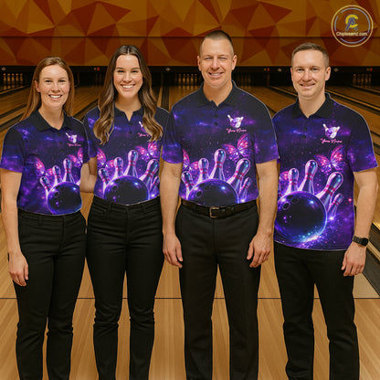 Custom Purple Galaxy Butterfly Bowling Shirts For Women, Bowling Team Shirt With Butterflies NQS11627
