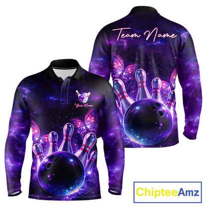 Custom Purple Galaxy Butterfly Bowling Shirts For Men, Bowling Team Shirt With Butterflies NQS11627