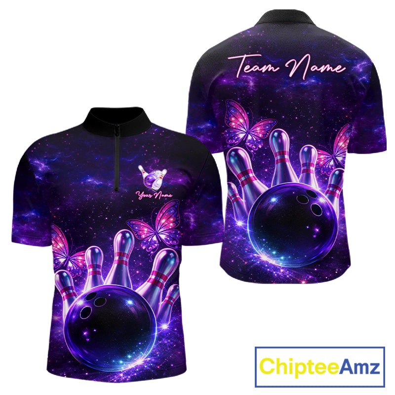 Custom Purple Galaxy Butterfly Bowling Shirts For Men, Bowling Team Shirt With Butterflies NQS11627