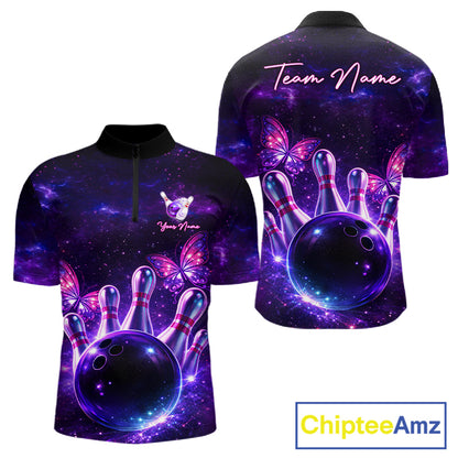 Custom Purple Galaxy Butterfly Bowling Shirts For Men, Bowling Team Shirt With Butterflies NQS11627