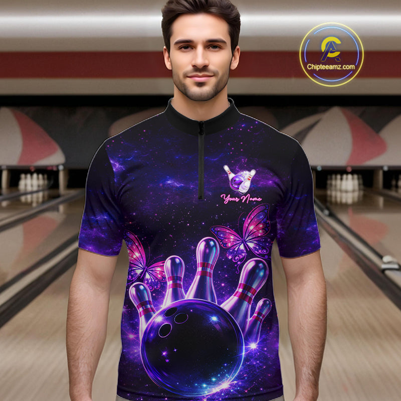 Custom Purple Galaxy Butterfly Bowling Shirts For Men, Bowling Team Shirt With Butterflies NQS11627
