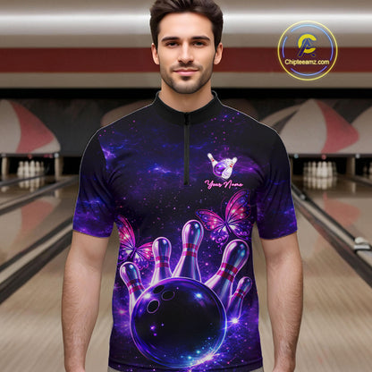 Custom Purple Galaxy Butterfly Bowling Shirts For Men, Bowling Team Shirt With Butterflies NQS11627
