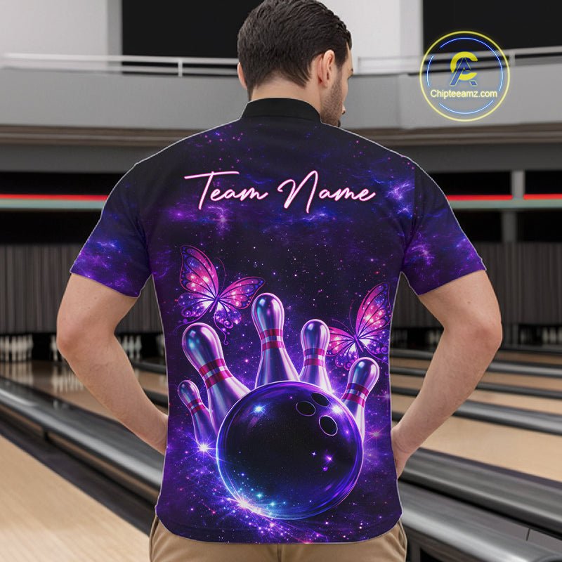 Custom Purple Galaxy Butterfly Bowling Shirts For Men, Bowling Team Shirt With Butterflies NQS11627