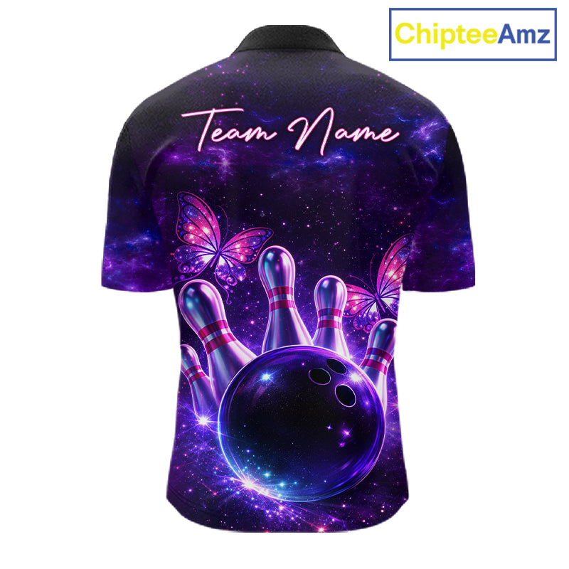 Custom Purple Galaxy Butterfly Bowling Shirts For Men, Bowling Team Shirt With Butterflies NQS11627