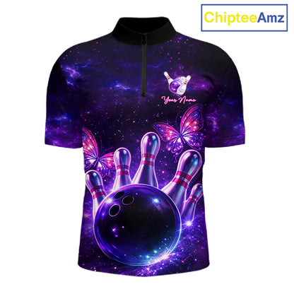 Custom Purple Galaxy Butterfly Bowling Shirts For Men, Bowling Team Shirt With Butterflies NQS11627