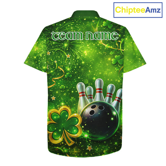Happy St Patrick's Day Green and Gold Shamrock Bowling Button-up Shirts Custom Team Bowling Jersey NQS11630