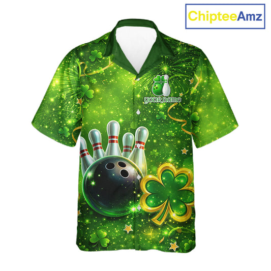 Happy St Patrick's Day Green and Gold Shamrock Bowling Button-up Shirts Custom Team Bowling Jersey NQS11630