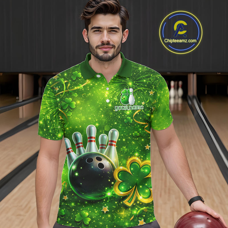 Happy St Patrick's Day Green and Gold Shamrock Bowling Shirts For Men Custom Team Bowling Jersey NQS11630