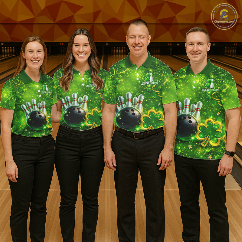 Happy St Patrick's Day Green and Gold Shamrock Bowling Shirts For Men Custom Team Bowling Jersey NQS11630