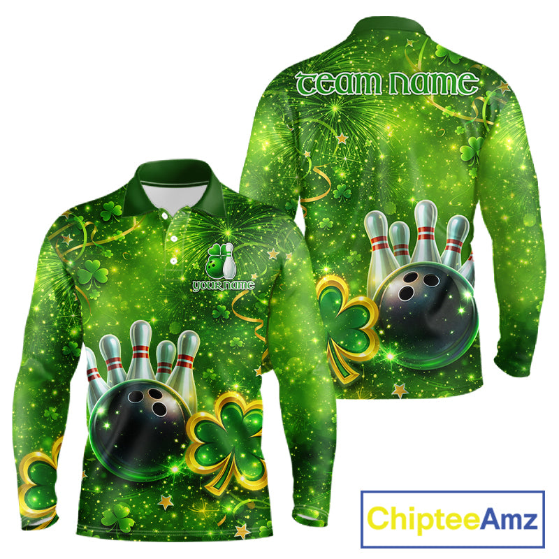 Happy St Patrick's Day Green and Gold Shamrock Bowling Shirts For Men Custom Team Bowling Jersey NQS11630