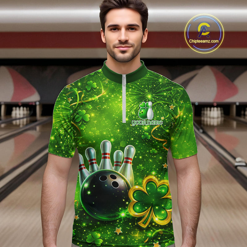 Happy St Patrick's Day Green and Gold Shamrock Bowling Shirts For Men Custom Team Bowling Jersey NQS11630