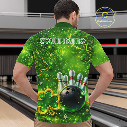 Happy St Patrick's Day Green and Gold Shamrock Bowling Shirts For Men Custom Team Bowling Jersey NQS11630