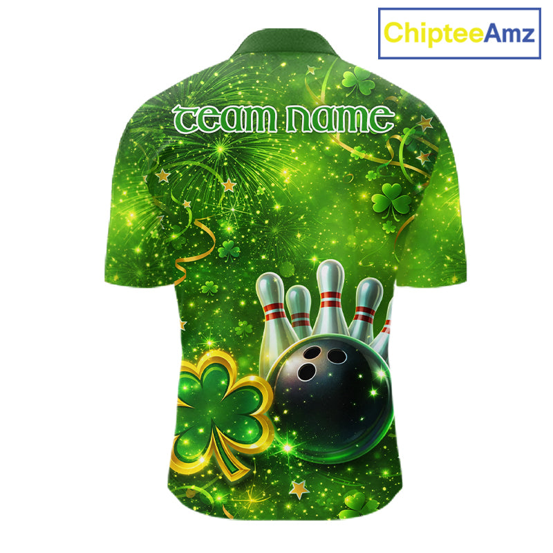 Happy St Patrick's Day Green and Gold Shamrock Bowling Shirts For Men Custom Team Bowling Jersey NQS11630